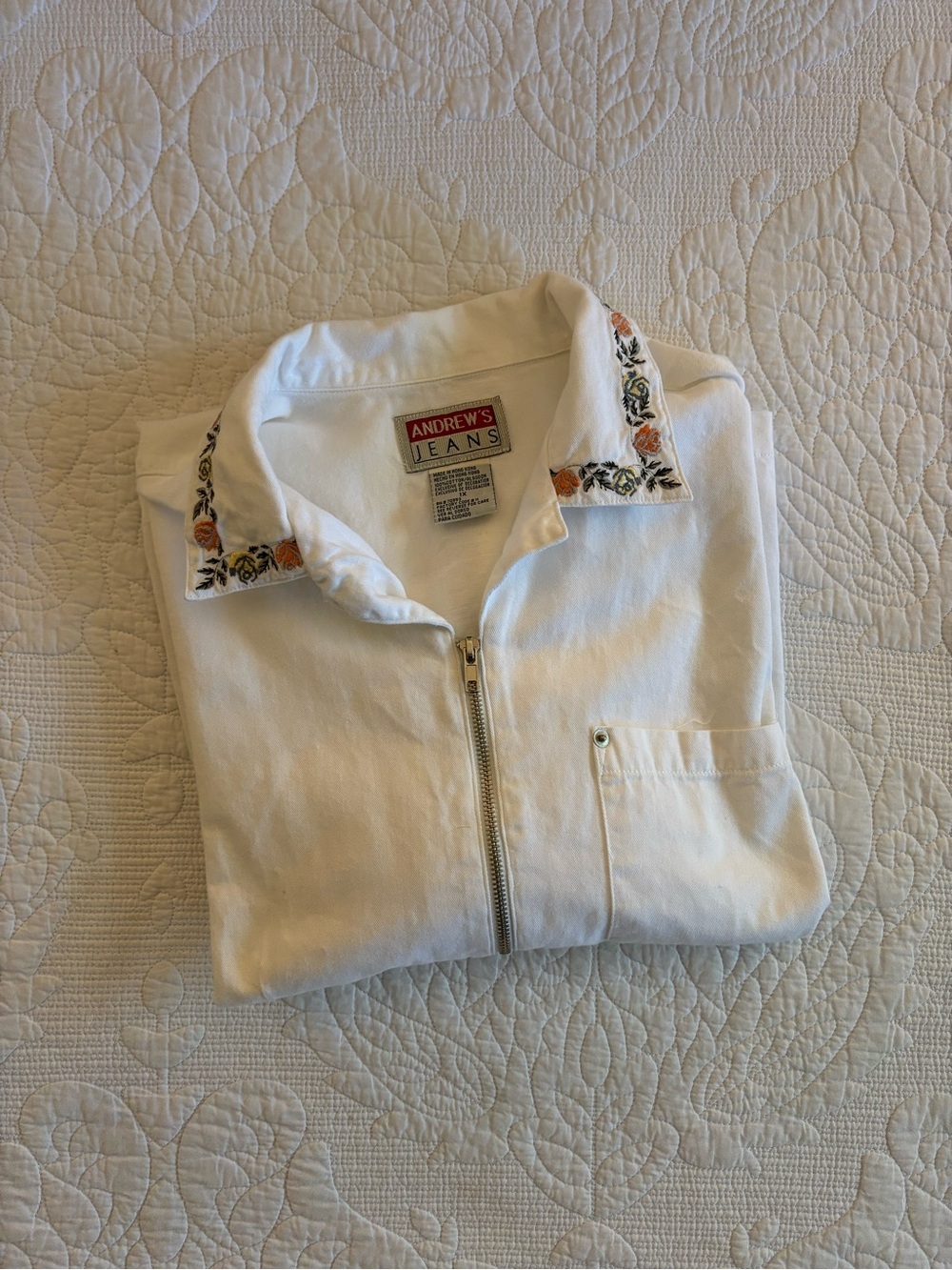 White Denim Zip-Front Shirt with Embroidered Collar
